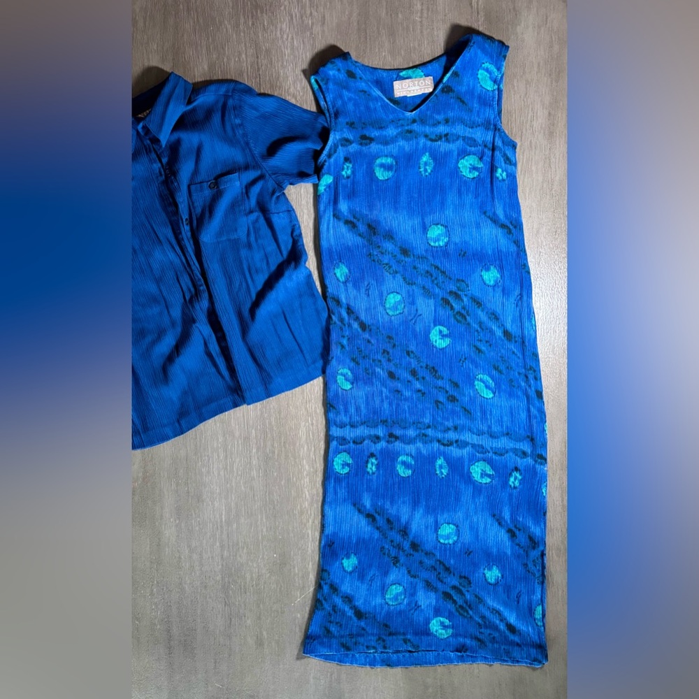 Vintage Dress Set Teal Blue Floral Midi Dress And Button Up S Norton